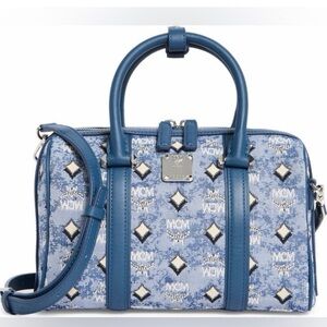 MCM NWT Blue Denim Logo Jacquard Leather Trim Boston Satchel/Crossbody